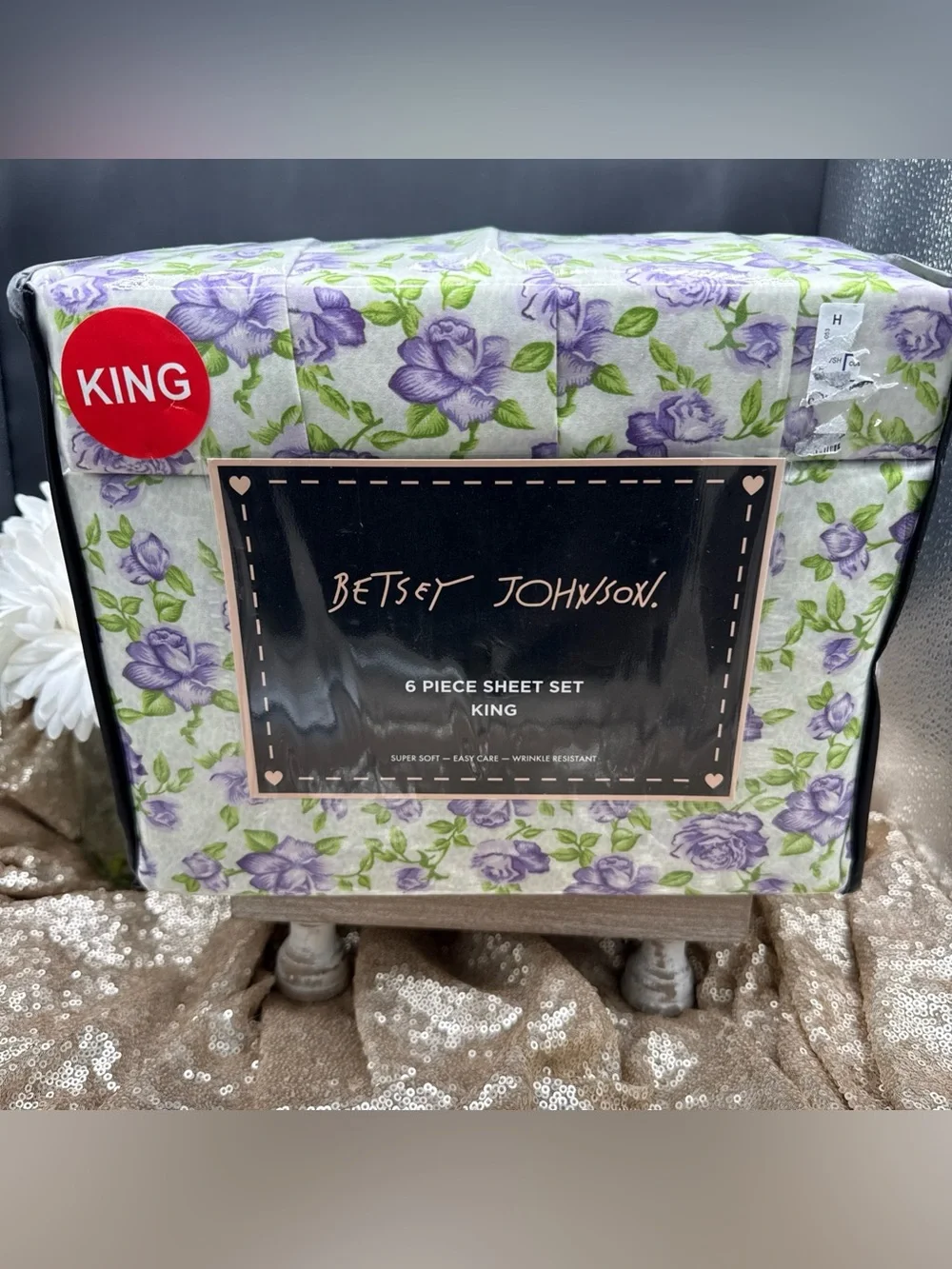 Betsey Johnson Purple and Green Floral King Sheet Set